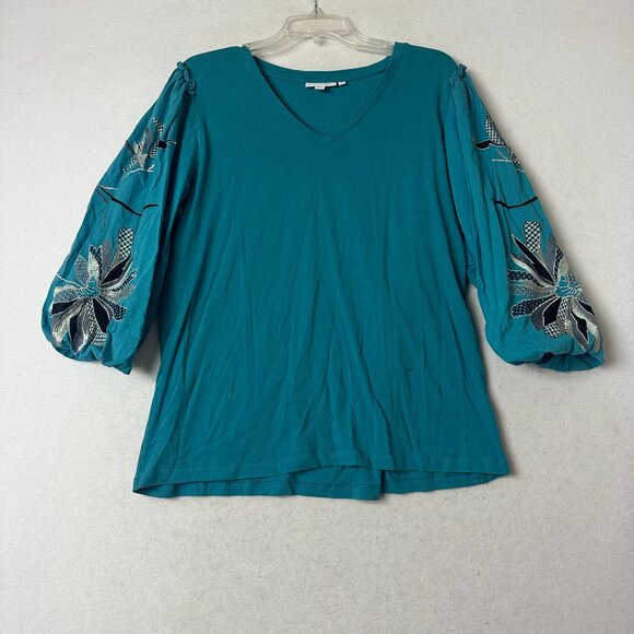 Chicos X Large Blue/green Embroidered Balloon Sleeve Floral blouse Top modal - Picture 1 of 6